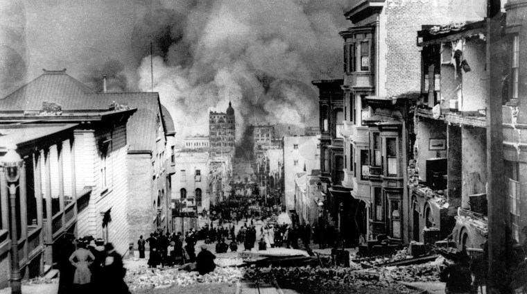 ** FILE ** In this photo provided by Arnold Genthe, people on Sacramento street watch smoke rise from fires after a severe earthquake in San Francisco, April 18, 1906. With the centennial of the earthquake events coming up, San Francisco supervisors are being asked to raise the official death toll from the \"great quake\" and its attendant fires.  City archivist Gladys Hansen, who has spent years poring over records, says the original tally of fatalities grossly underestimated the count because it didn'tinclude residents of Chinatown or looters who were shot by police. (AP Photo/Arnold Genthe, File)