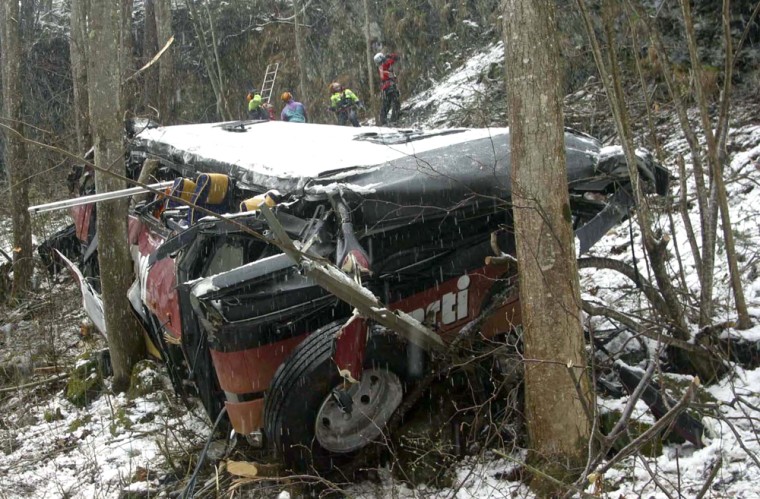 A Swiss tour bus lays on the bank of the Dranse river after an accident on the road to the Great St. Bernard pass between Orsieres and Liddes, western Switzerland, Sunday, April 17, 2005. According to police information the bus with 27 travellers on board went off the road and fell over a slope about 800 feet (243 meters) into a ravine. Police say twelve people died in the crash and 15 are injured. (AP Photo/Keystone, Alain Jacot)