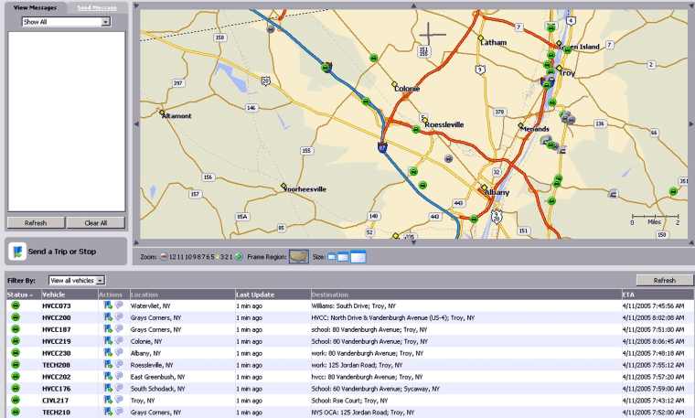 ** ADVANCE FOR MONDAY APRIL 25 ** This is a Monday, April 11, 2005, framegrab from the software that is used to track 200 vehicles on their morning commute to Troy, N.Y.  A GPS receiver and a wireless PDA allow the vehicles to share information on traffic conditions. Participating drivers in this pilot project by Rensselaer Polytechnic Institure act as highway probes for one another. (AP Photo/Rensselaer Polytechnic Institue)
