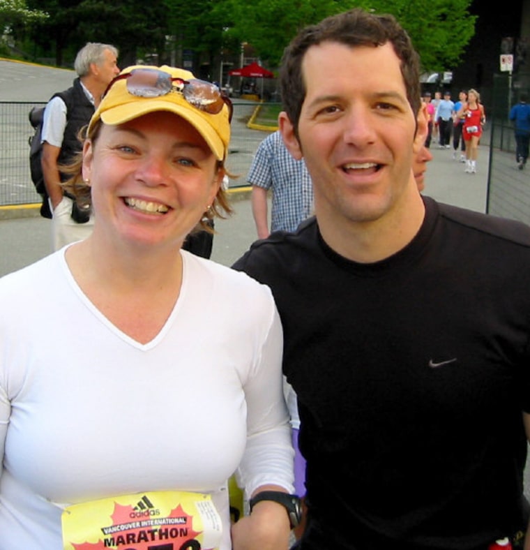 Denise and her trainer Jeff Taylor were all smiles before the start of the Vancouver marathon. The smiles would start to fade around mile 15.