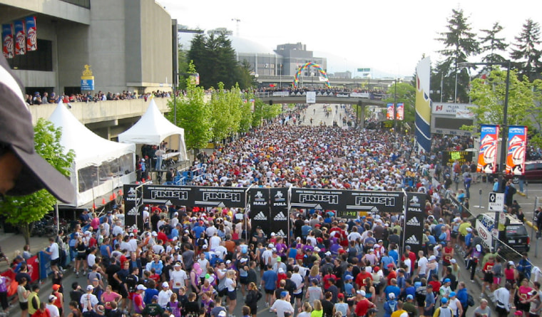 More than 5,000 runners started the Vancouver marathon on May 1. The winner, Kassahun Kabiso of Ethiopia, finished in 2:15.40. Denise finished in 6:39.