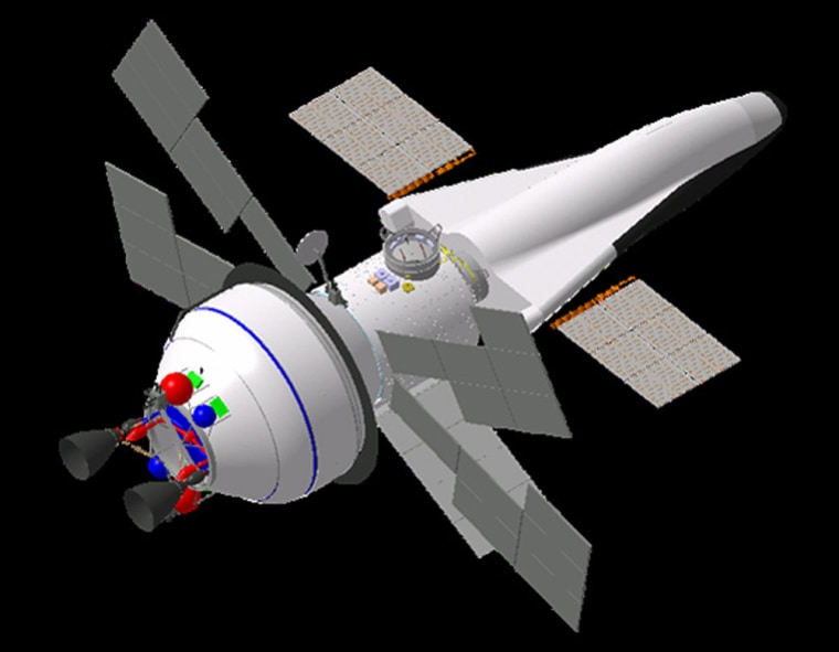This artist's conception of a configuration for the Crew Exploration Vehicle shows a lifting-body vehicle with stubby wings, as well as solar panels and other modules that would be added for the trip to the moon.