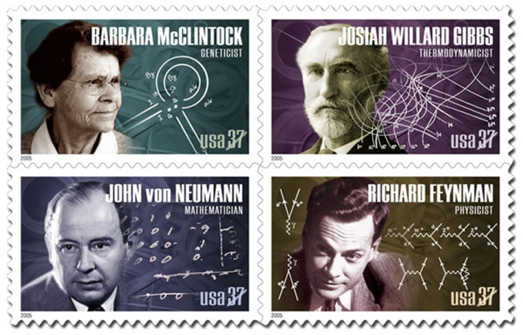 New stamps feature American scientists Josiah Williard Gibbs, Barbara McClintock, John von Neumann and Richard P. Feynman.
