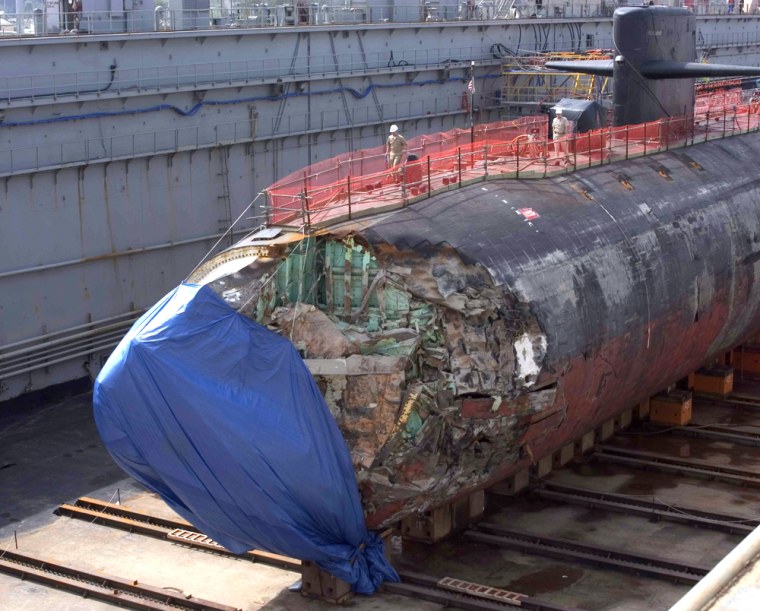 USS San Francisco in dry dock in Apra Harbor Guam to assess damages