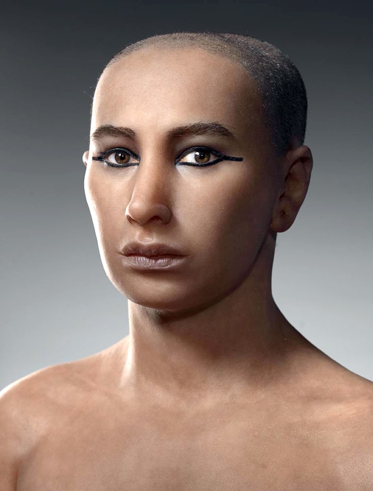 This photo shows a model of King Tutankhamun based on facial reconstructions from CT scans of King Tutankhamun's mummy.