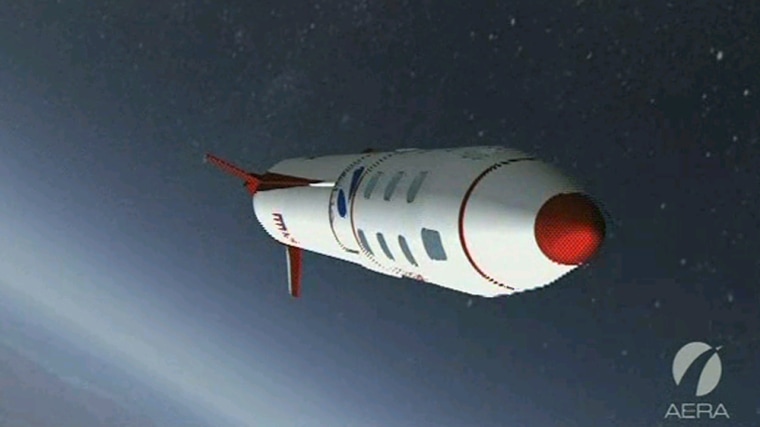 An artist's conception shows Aera Corp.'s Altairis passenger rocket in flight above Earth's atmosphere.