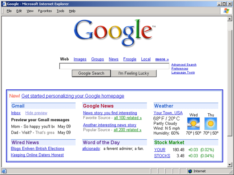 Users who personalize the home page can also toggle back to the bare-bones look by clicking on a "Classic Google" link.