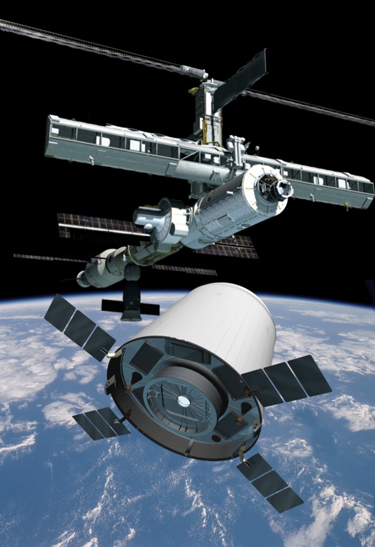 In this artist's conception, the t/Space Crew Transfer Vehicle, or CXV, approaches the international space station. NASA's administrator says he's willing to consider contracting out space station resupply services, and eventually crew transport services as well.