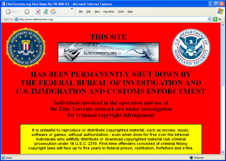 The home page for a file-sharing Web site was replaced by this notice that federal authorities had shut down the site.