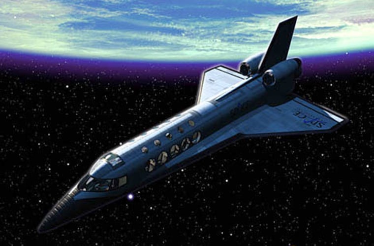 In this artist's conception, a suborbital space vehicle gives passengers a view of the curving Earth. Such flights are a couple of years away.