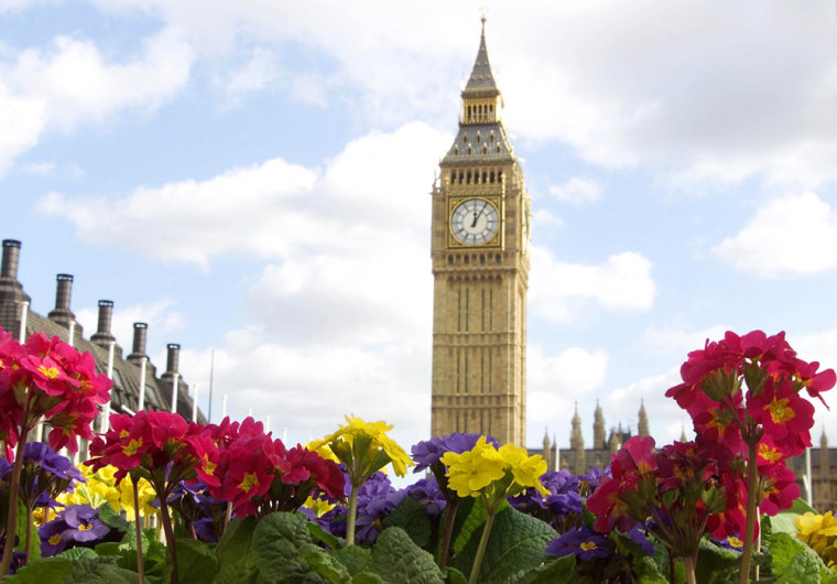 Spring flowers are shown in London's Parliament Square in front of St. Stephen's tower, which contains Big Ben, in March.