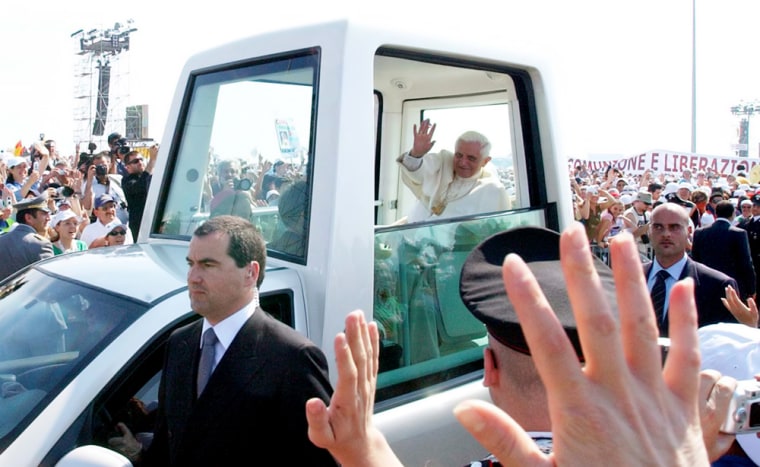 Pope Benedict XVI waves to faitfhul as he leaves the Spianata di Marisabella grounds for the conclusion of the 24th National Eucharistic Congress in Bari, Italy, on Sunday. The trip was Benedict's first outside Rome since being elected on April 19.