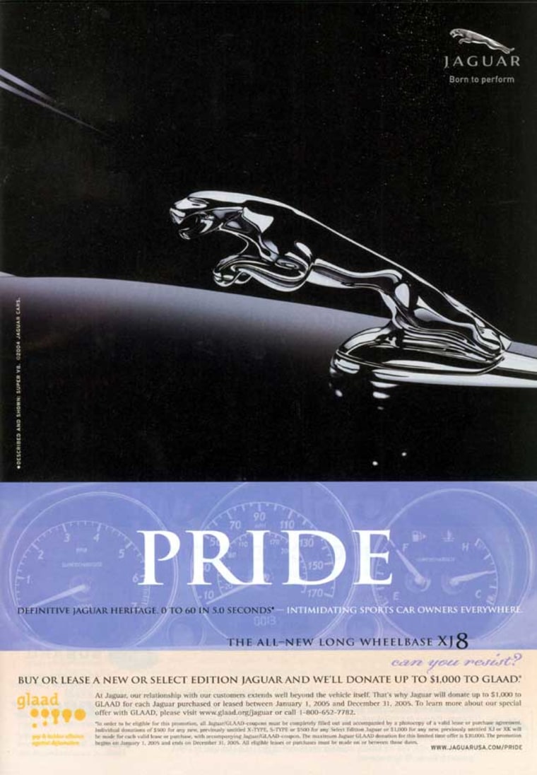 Ford Motor Co., in a magazine advertisement, offers to donate $1,000 to the Gay & Lesbian Alliance Against Defamation for each Jaguar sold.