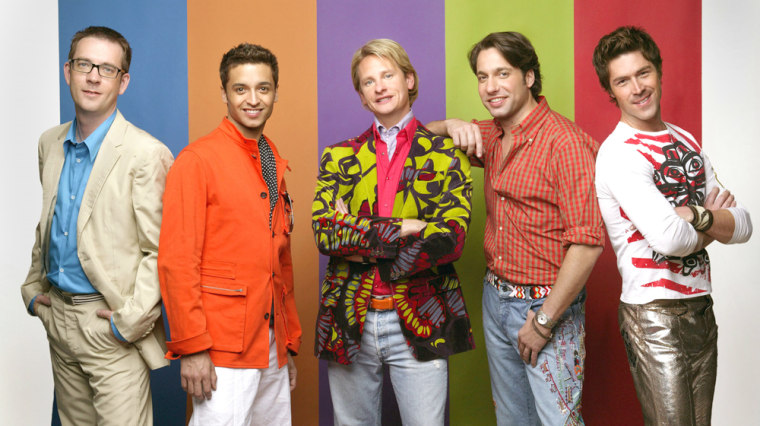 The cast of Bravo's \"Queer Eye for the Straight Guy\" pose in this undated publicity photo. Shown are Ted Allen, left, Jai Rodriguez, Carson Kressley, Thom Filicia, and Kyan Douglas. This week Jay Leno brings the Fab Five to \"The Tonight Show,\" who will give him a makeover Thursday, Aug. 14, 2003.  (AP Photo/Bravo, Craig Blankenhorn)