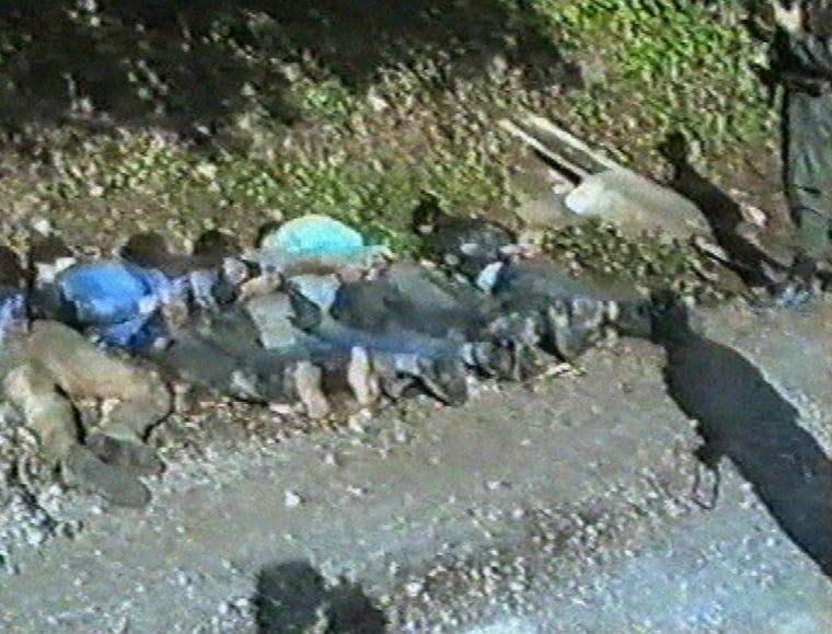This image taken from a video purportedly shows the shadow of a Serbian soldier cast over bound Bosnian Muslim civilian prisoners taken from Srebrenica to Mount Treskavica, near the wartime Bosnian Serb capital of Pale, in 1995, where they were killed.