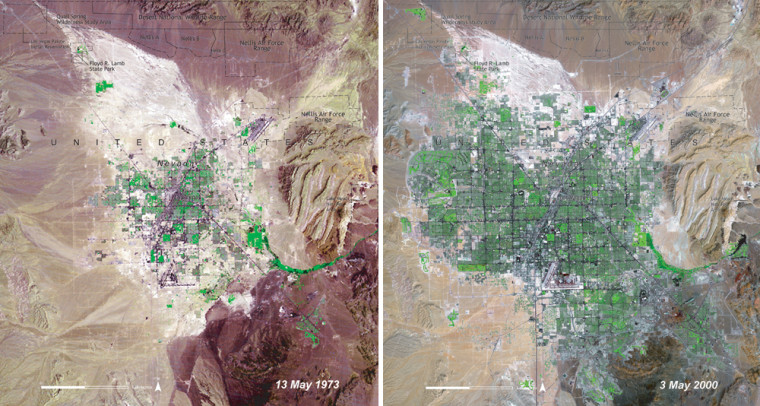 These satellite images in the new U.N. atlas "One Planet Many People" show how Las Vegas, Nev., has mushroomed from 1973, left, to 2000, right.