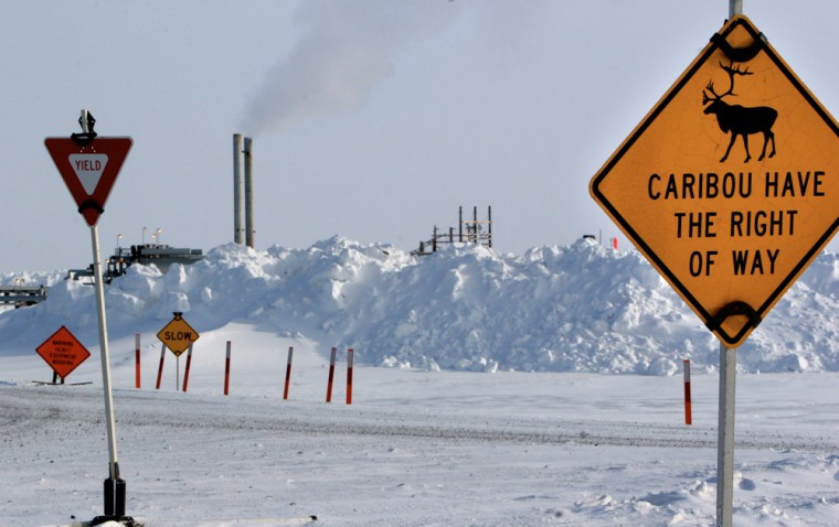 FI/OIL LOCATION: PRUDHOE BAY, AL DATE: 03/29/05 NEG CAPTION: Warning signs for caribou can be seen around the BP Prudhoe Bay oil field facility in Alaska's North Slope. StaffPhoto imported to Merlin on Thu May 5 10:36:03 2005