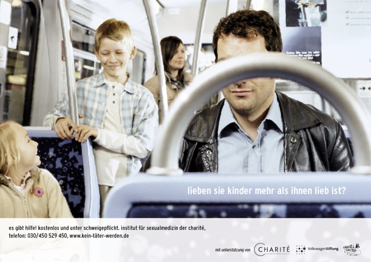 "Do you love children more than you want to?" reads the headline on this print ad showing a man closely watching a young boy in a subway train.