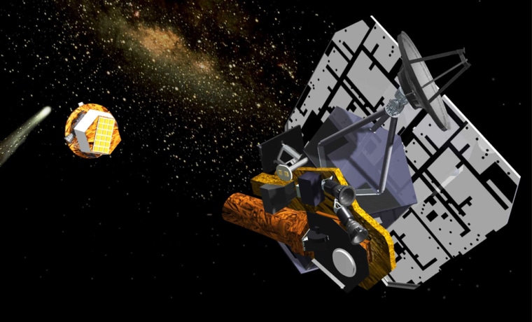 Deep Impact's Flyby spacecraft (right foreground) sends out the Impactor (middle) toward Comet Tempel 1 (left, far background) in this artist's conception. The High Resolution Imager is the gold-colored telescope at the bottom of Flyby, pointing toward the comet.