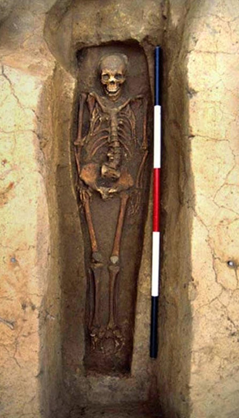 In this photo provided by the Association for the Preservation of Virginia Antiquities (APVA) taken in 2003, the remains thought to be that of Captain Bartholomew Gosnold are seen at the James Fort site, Historic Jamestown, Virginia, USA. Gosnold was a high-ranking male colonist from Suffolk England who lived over 400 years ago. Archaeologists are currently seeking matching DNA evidence to confirm his identity and plan to make cross-checks with the DNA of Gosnold's sister, who is thought to have been buried in a churchyard in Shelley, Suffolk, in the 1600s. (AP Photo/ APVA)