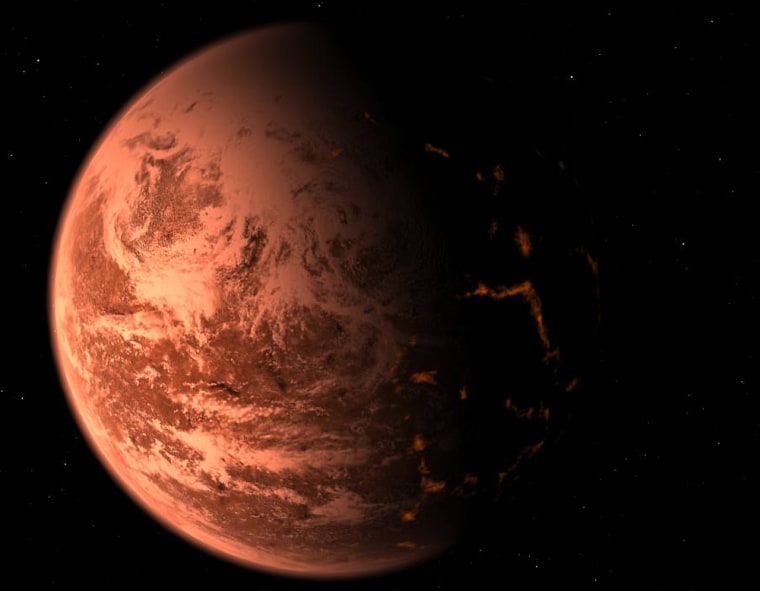 In this artist's conception, the newly discovered planet is shown as a hot, rocky, geologically active world glowing in the deep red light of its nearby parent star, the M dwarf Gliese 876.