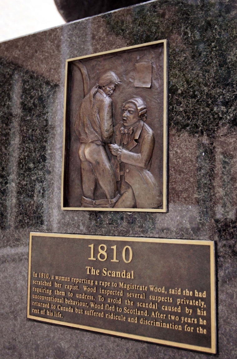A sculpture in Toronto's centrally located gay neighborhood depicts Alexander Wood, a landowner who was run out of town because of a sex scandal in the early 1800s. 