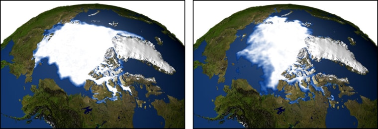 Arctic perennial sea ice has been decreasing at a rate of 9 percent per decade. The image on the left shows the minimum sea ice concentration for the year 1979, and the other shows the minimum sea ice concentration in 2003. The data used to create these images and the following animation were collected by the Defense Meteorological Satellite Program (DMSP) Special Sensor Microwave Imager (SSMI).