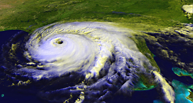 This color-enhanced composite satellite image shows Hurricane Ivan, one of four major hurricanes that pummeled the Florida coast in 2004.