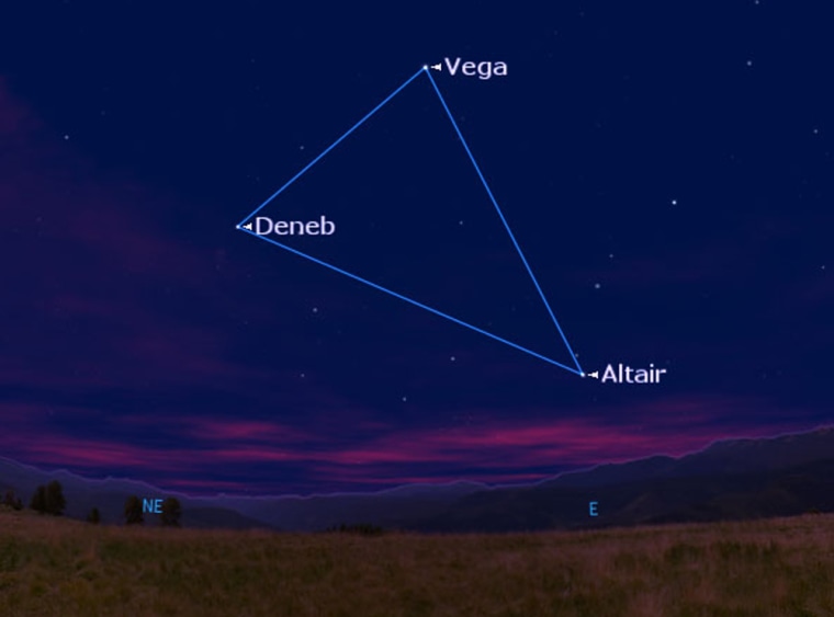 This sky chart shows the Summer Triangle as it should look at about 10 p.m. this week from midnorthern latitudes, facing east-northeast. The three-star arrangement is usually easy to find.