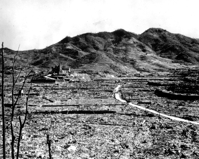 The Roman Catholic Church of Urakami stands out over the burn-razed cityscape of Nagasaki, in 1945, after the second atomic bomb ever used in warfare was dropped by the U.S. over the Japanese industrial center.
