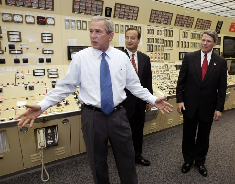 US President George W. Bush tours the control room of the Calvert Cliffs Nuclear Power plant in Lusby, Maryland