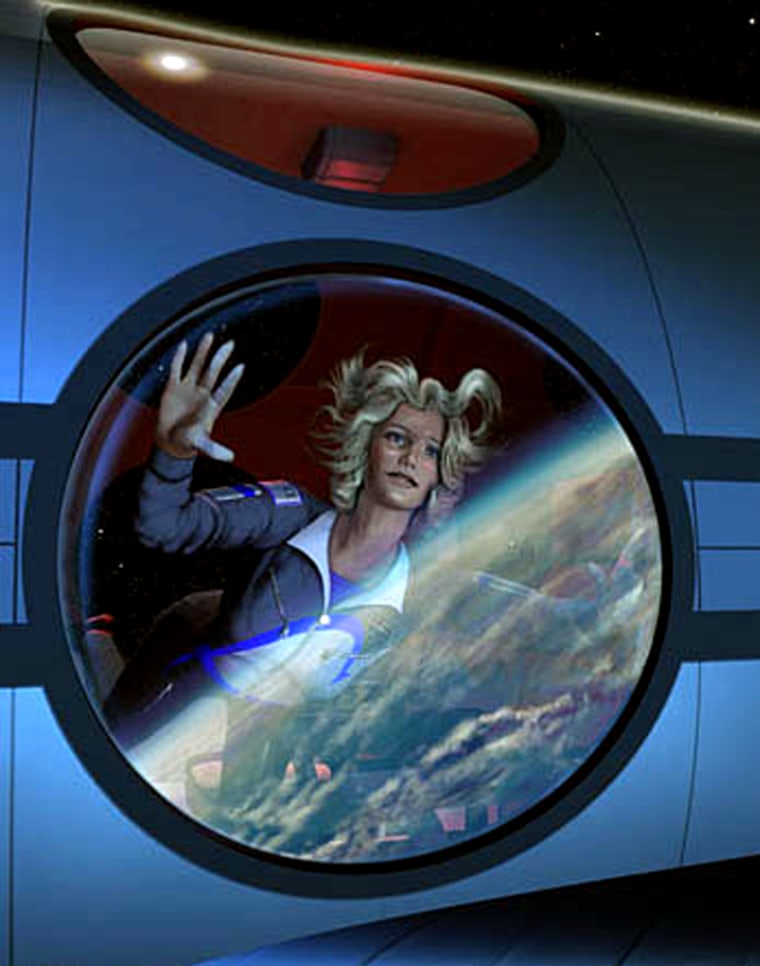 In an artist's conception, a space passenger looks out the window at Earth below. How big should the windows be? How do you keep them from being fogged up? How do you clean them if someone gets space-sick? Marketing experts are already focusing on such questions.