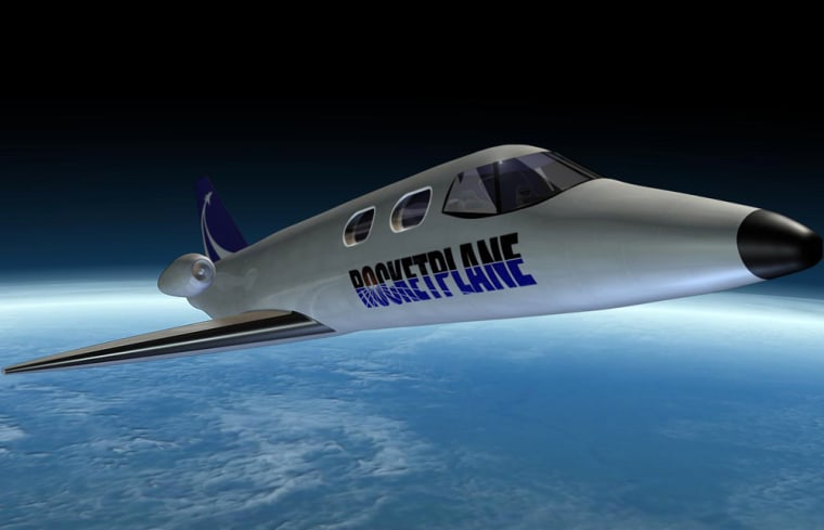 The Rocketplane XP hybrid spaceship, shown in this artist's conception, would be powered by conventional jet engines in the pods at the back, and a rocket engine in the tail.