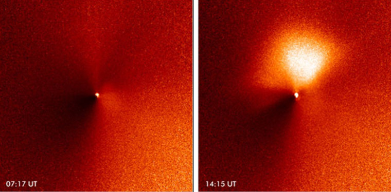 A before-and-after view of Deep Impact's target comet Tempel 1 shows the sudden creation of a dust jet. The images were taken by the Hubble Space Telescope. 