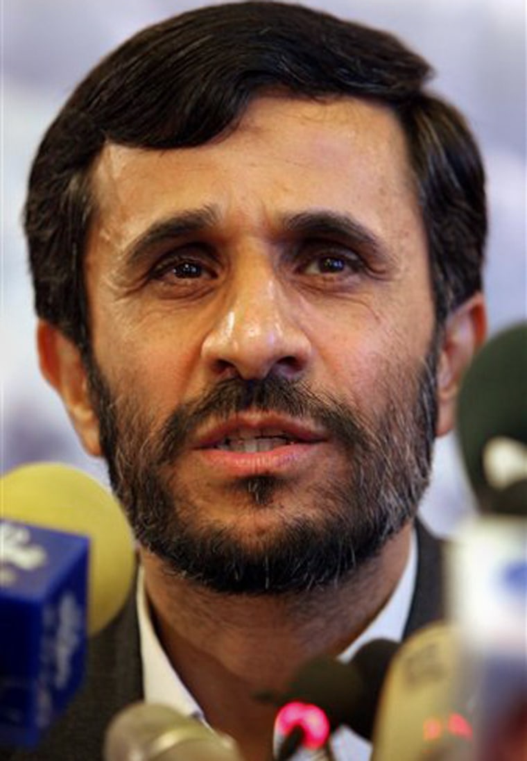 Iran's President-elect Mahmoud Ahmadinejad speaks during his first news conference being elected in Tehran, Iran, Sunday, June 26. Ahmadinejad has vowed to pursue a peaceful nuclear program and said Iran doesn't need America to make progress.