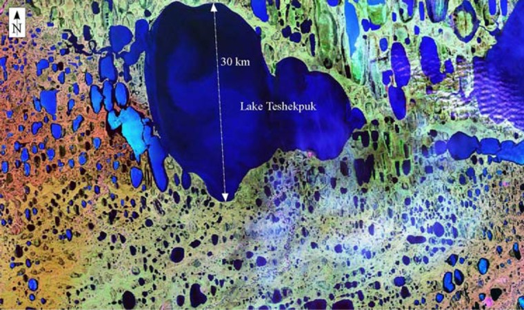This false-color birds-eye view of the largest oriented lake in northern Alaska was taken by LANDSAT. The lake is actually several merged lakes.