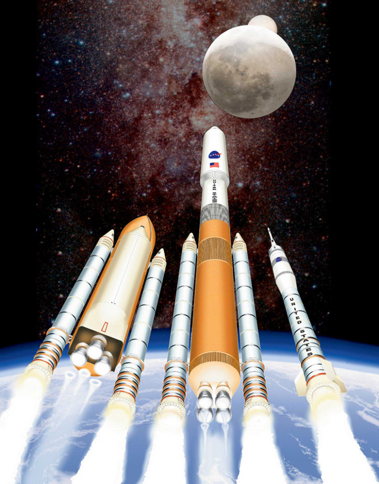 This artist's conception highlights three configurations for shuttle-derived launch vehicles: from left, the side-mounted heavy lifter; the in-line heavy lifter, with a cargo carrier mounted above the core-stage fuel tank; and the "Stick," which uses a single solid-rocket booster and a new upper stage. NASA's chief reportedly favors the in-line heavy-lift vehicle for large payloads and the Stick configuration for the Crew Exploration Vehicle.