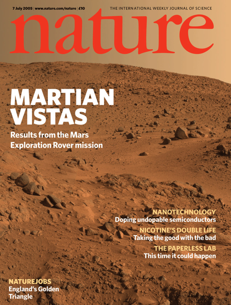 The journal Nature's cover highlights a NASA rover view of Martian rocks and hills.