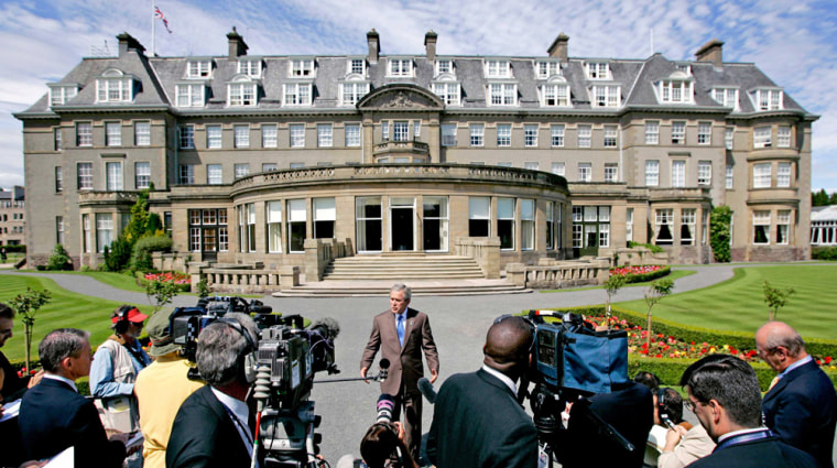 US President Bush speaks about London bombings in front of the Gleneagles Hotel