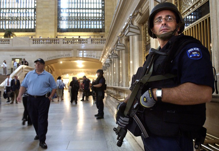 A member of the New York Police Department's Emergency Services Unit patrols in New York