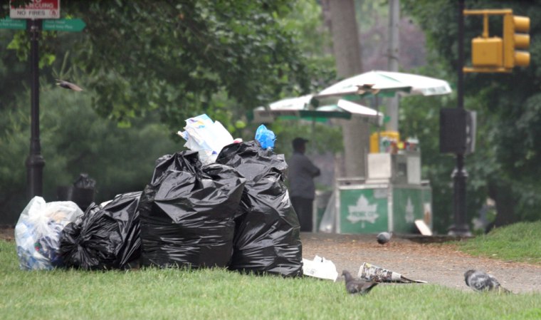 Bags of trash are piled up in Brooklyn's Prospect Park, Thursday June 16, 2005, in New York. Each day, trains and trucks carry 50,000 tons of trash from New York to huge landfills and incinerators in New Jersey, Ohio, Pennsylvania, Virginia and South Carolina. (AP Photo/Bebeto Matthews)