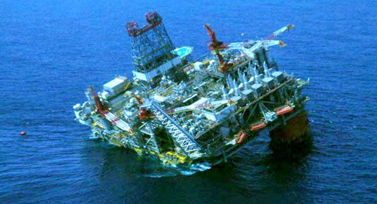 The Thunder Horse oil-drilling facility in the Gulf of Mexico is seen listing after Hurricane Dennis moved through the Gulf of Mexico. 