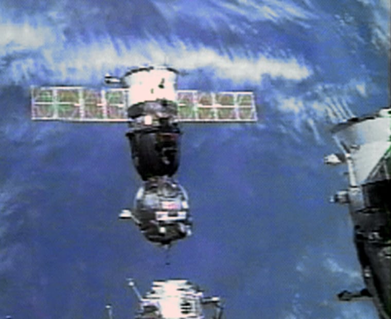 The Soyuz TMA spacecraft is seen from a camera onboard the International Space Station shortly before the two spacecraft docked