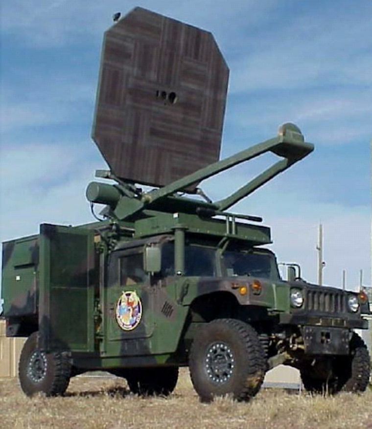 A demonstration model of the Active Denial System is shown mounted on a military vehicle.