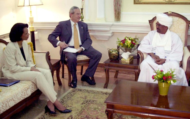Sudanese President Omar el-Bashir, right, recieves the U.S. Secretary of State Condoleezza Rice in Khartoum, Sudan, on Thursday.  