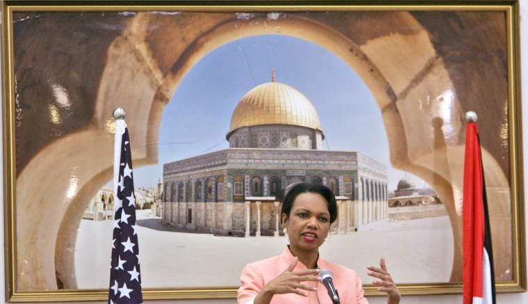 US Secretary of State Rice gestures during news conference in West Bank city of Ramallah