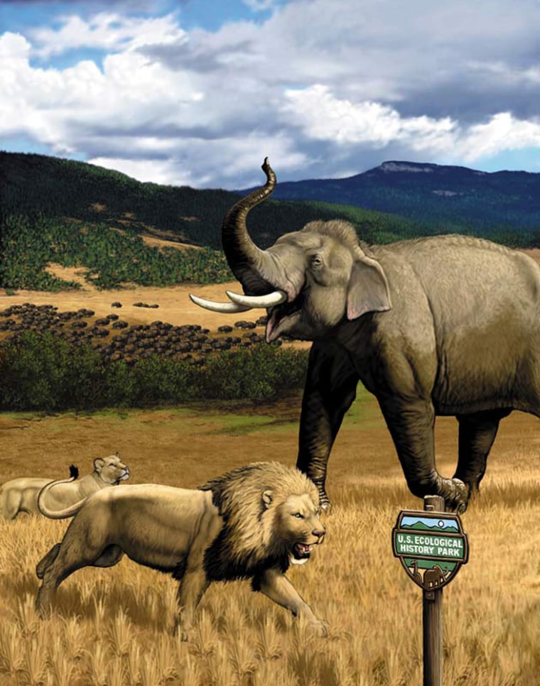 An artist's conception shows the denizens of a future "U.S. Ecological History Park."
