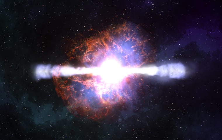 An illustration depicts the initial explosion in the death of a massive star.