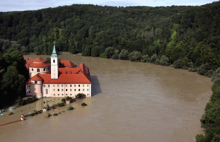 A general view of the Benedictine abbey of Weltenburg flooded by the river Danube