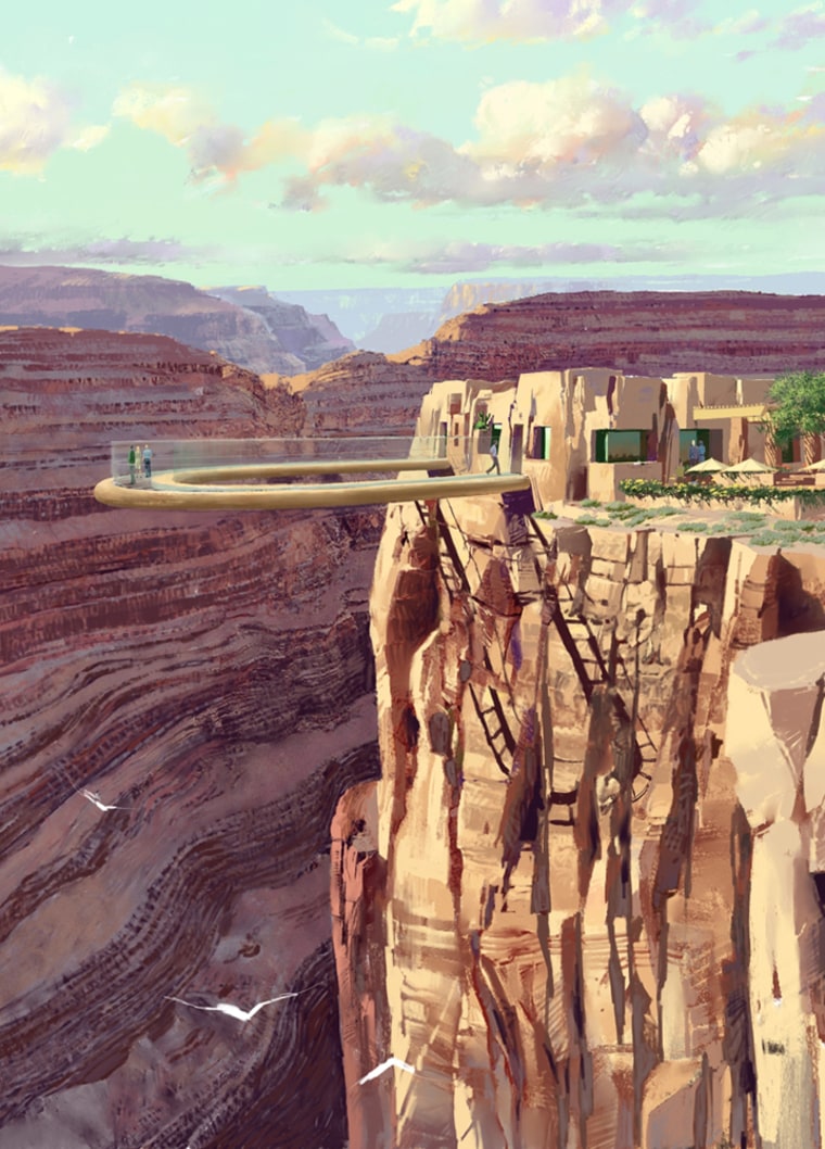 In this artist rendering, a glass skywalk extends from the lip of the Grand Canyon. 